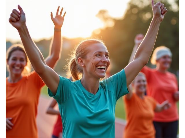 Wesoła, zmotywowana grupa dorosłych świętujących sukces, symbolizująca udział w wyzwaniu wellness i poczucie wspólnoty.