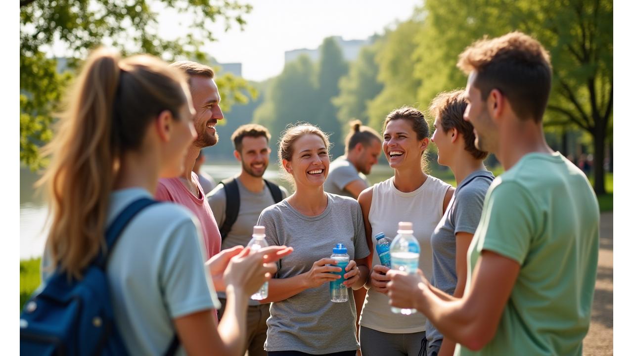 Szczęśliwa grupa dorosłych uśmiechających się podczas spotkania na świeżym powietrzu, symbolizująca wsparcie społeczności i pozytywne interakcje na forum AuraŻycie.