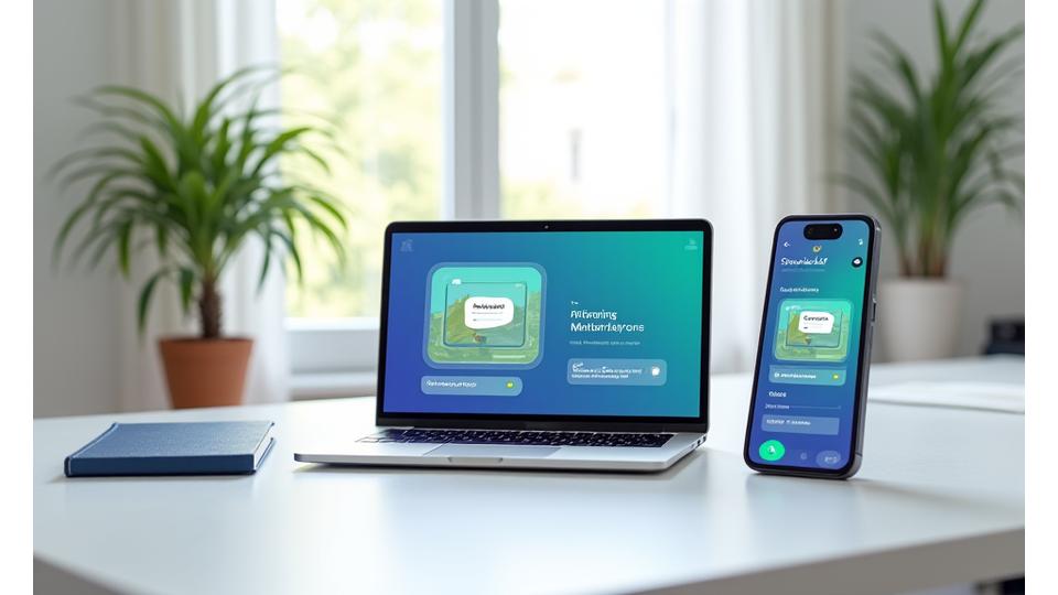Otwarty laptop i smartfon z otwartą aplikacją edukacyjną AuraŻycie, symbolizujące elastyczność nauki