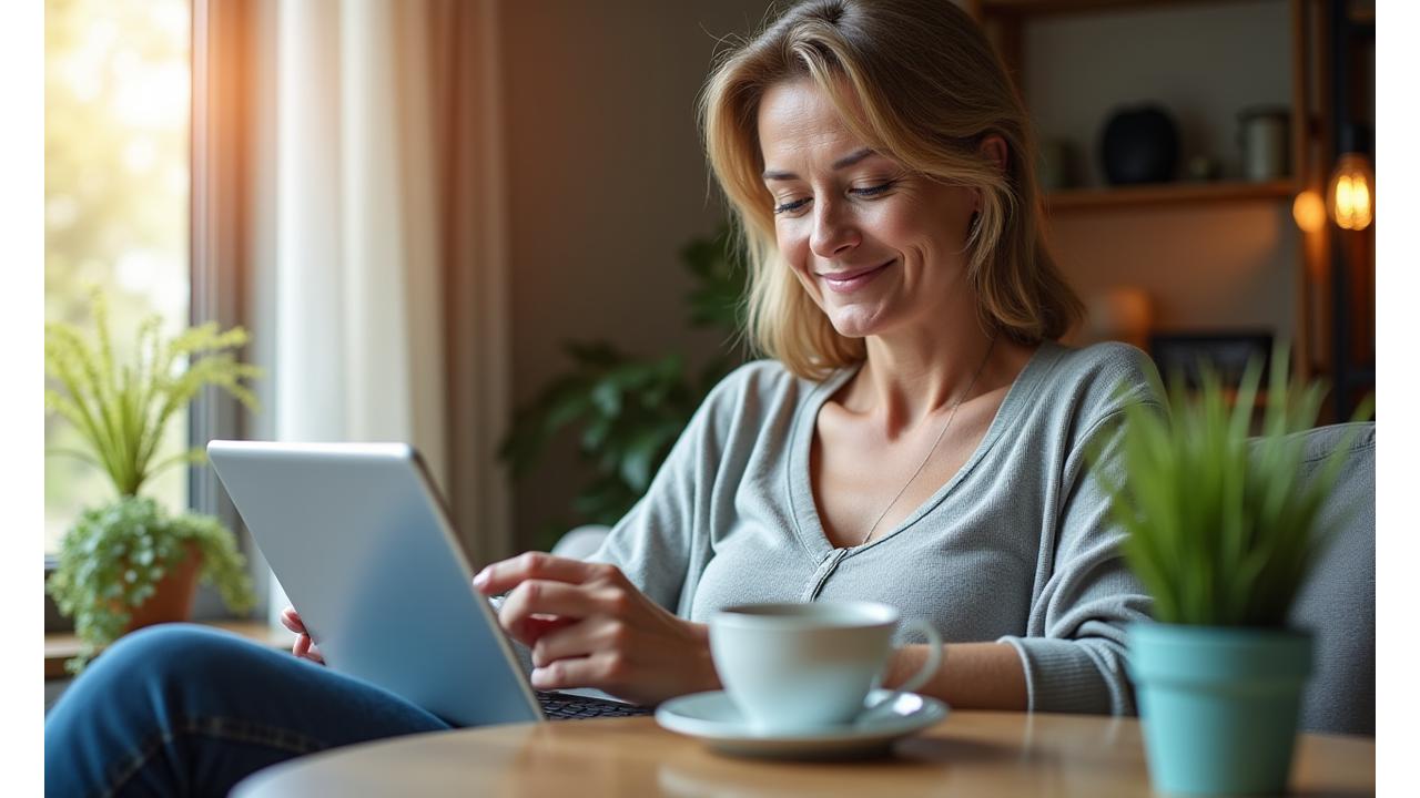 Kobieta uśmiecha się podczas nauki wellness online na tablecie w komfortowym otoczeniu
