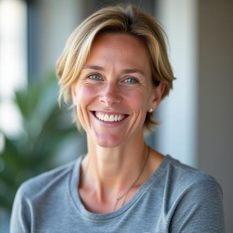 Portret uśmiechniętej Ewy, trenerki fitness, blond włosy, sportowy strój AuraŻycie, tło rozmyte studia fitness.
